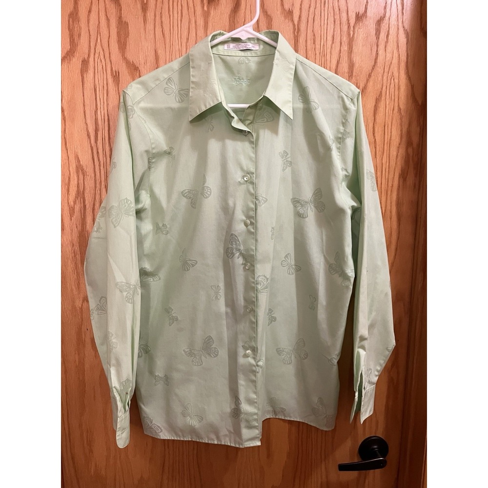 Foxcroft Womens 14 Wrinkle Free Button Blouse Green Long Sleeve Butterfly 115